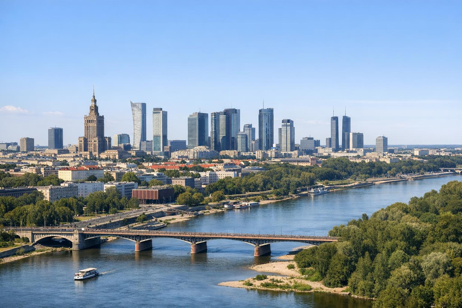 Panorama Warszawy z wieżowcami i Wisłą